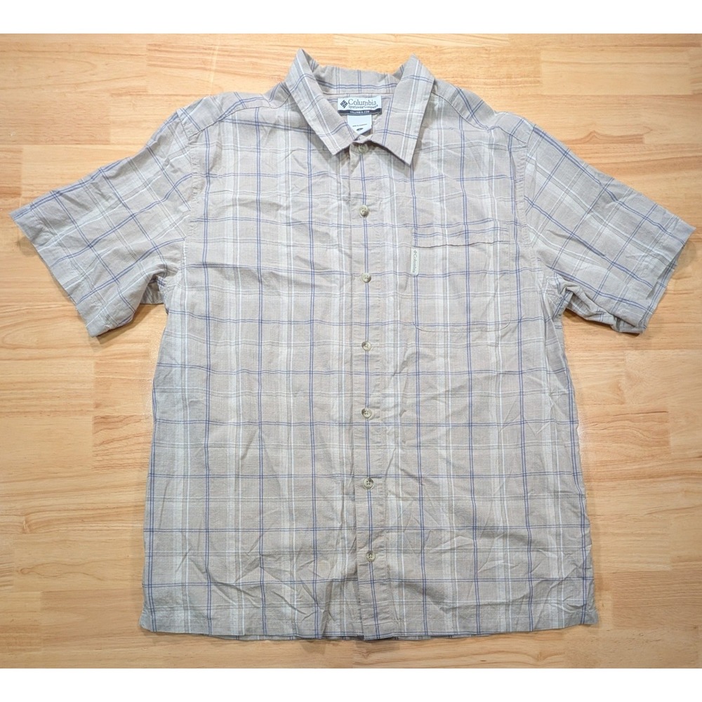 Columbia Mens AM7872 Plaid Short Sleeve Button Down Shirt Tan Blue Large